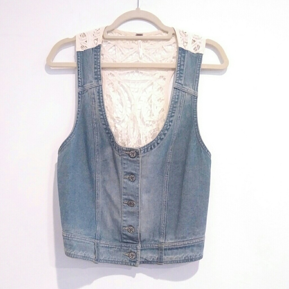 Free People W Denim and Lace L Vest